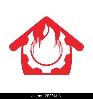 Home Restorations vector logo design. Gear and fire with home icon vector design. Stock Vector