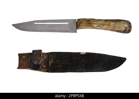Handmade hunting knife with sheath. Isolated objects on a white background Stock Photo