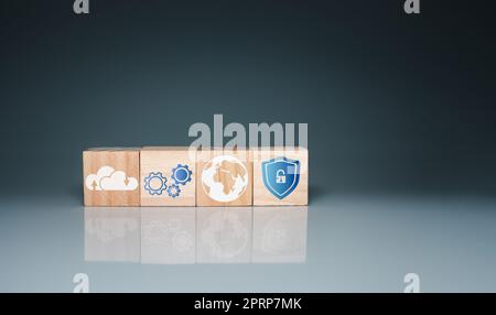 icon on a wooden cube Represents data theft protection Security in business teams Stock Photo