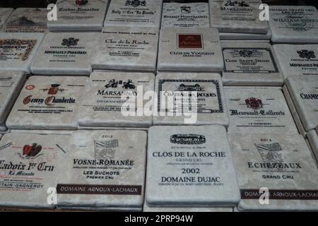 Burgundy wine coasters for sale in shop, Dijon, France Stock Photo