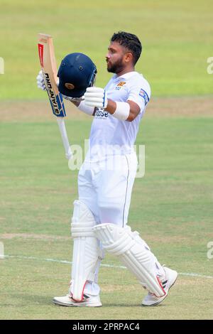 Galle, Sri Lanka. 27th April 2023. Kusal Mendis of Sri Lanka celebrates his double century during the 4th day of the 2nd test cricket match between Sri Lanka vs Ireland at the Galle International Cricket Stadium in Galle on 27th April, 2023. Viraj Kothalwala/Alamy Live News Stock Photo