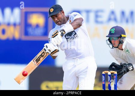 Galle, Sri Lanka. 27th April 2023. Sri Lanka's Angelo Mathews bats during the 4th day of the 2nd test cricket match between Sri Lanka vs Ireland at the Galle International Cricket Stadium in Galle on 27th April, 2023. Viraj Kothalawala/Alamy Live News Stock Photo