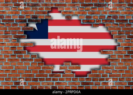 3D Flag of Liberia behind the broken old stone wall background Stock ...