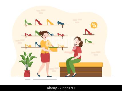 Shoe Store with New Collection Men or Women Various Models or Colors of Sneakers and High Heels in Flat Cartoon Hand Drawn Templates Illustration Stock Photo