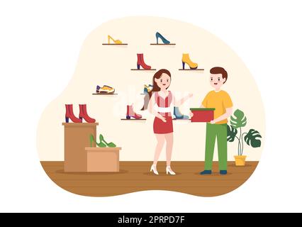 Shoe Store with New Collection Men or Women Various Models or Colors of Sneakers and High Heels in Flat Cartoon Hand Drawn Templates Illustration Stock Photo