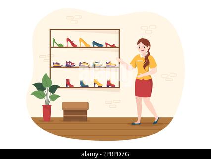 Shoe Store with New Collection Men or Women Various Models or Colors of Sneakers and High Heels in Flat Cartoon Hand Drawn Templates Illustration Stock Photo