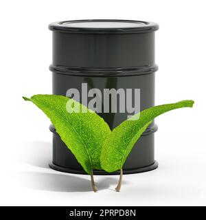 Green leaves and oil barrel isolated on white background. 3D illustration. Stock Photo