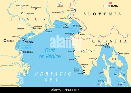 Gulf of Venice, political map. Limited by the Po Delta in Italy and the Istrian Peninsula in Croatia, also bordered by Slovenia. Adriatic Sea. Stock Photo