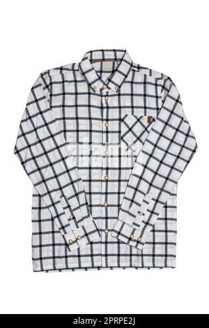 Checked shirts. Close-up of a black and white tartan or plaid shirt for mens isolated on a white background. Clipping path. Summer fashion of mans clo Stock Photo