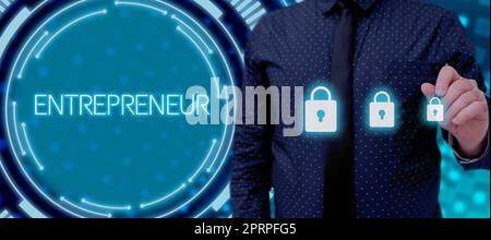 Handwriting text Entrepreneur, Business overview enterprise resource planning centralized database for business processes Businessman With Pen Display Stock Photo