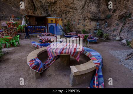 riverside restaurant, God's Bridge, Akchour, Talassemtane Nature Park, Rif region, morocco, africa Stock Photo