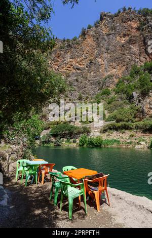 riverside restaurant, God's Bridge, Akchour, Talassemtane Nature Park, Rif region, morocco, africa Stock Photo