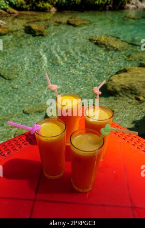 orange juice, riverside restaurant, God's Bridge, Akchour, Talassemtane Nature Park, Rif region, morocco, africa Stock Photo