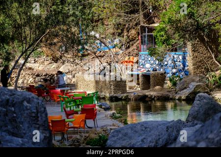 riverside restaurant, God's Bridge, Akchour, Talassemtane Nature Park, Rif region, morocco, africa Stock Photo