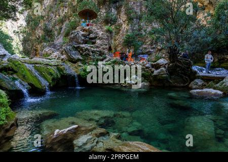 riverside restaurant, God's Bridge, Akchour, Talassemtane Nature Park, Rif region, morocco, africa Stock Photo