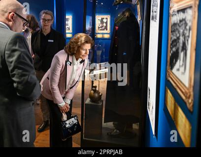 Sweden's King Carl XVI Gustaf and Queen Silvia at Upplandsmuseet in Uppsala during the royal visit to Uppsala County on April 27, 2023, to mark HM the Stock Photo