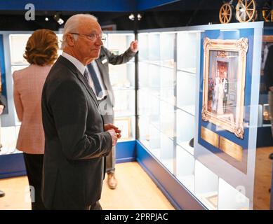 Sweden's King Carl XVI Gustaf and Queen Silvia at Upplandsmuseet in Uppsala during the royal visit to Uppsala County on April 27, 2023, to mark HM the Stock Photo