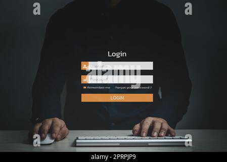 Protection personal data against hackers. Security internet access of personal data.identification information security and encryption.man typing login and password on virtual screen. Stock Photo