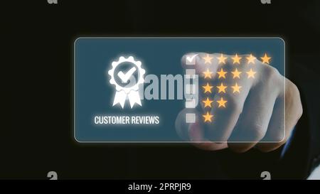 Customer service experience and business satisfaction survey popup five star icon for feedback review satisfaction service. Stock Photo