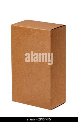 Closed brown cardboard box or kraft paper box with clipping path isolated on white background. Suitable for packaging. Macro. Stock Photo