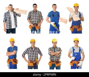 Collage with photos of carpenters on white background Stock Photo