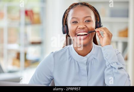 Success call center and customer service black woman consulting, communication and talking to contact us person. Happy CRM telemarketing support agent, friendly girl or receptionist in company office Stock Photo