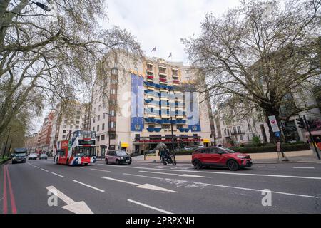 London UK. 27 April 2023. The Dorchester Hotel in Mayfair London is  decorated to celebrate  the coronation of King Charles III  and Camilla Queen consort at Westminster Abbey on 06 May Credit: amer ghazzal/Alamy Live News Stock Photo