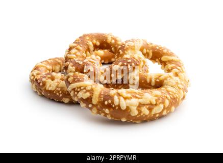 German bread pretzel with baked cheese isolated on white background. Stock Photo
