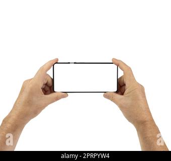 a smartphone in the men's hand on a transparent background Stock Photo