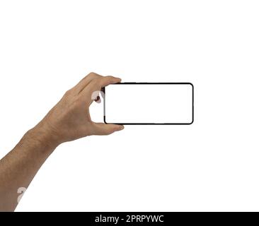 a smartphone in the men's hand on a transparent background Stock Photo