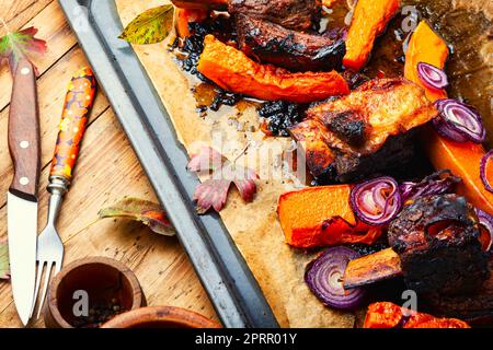 Grilled meat with pumpkin,top view Stock Photo