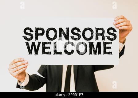 Conceptual caption Sponsors Welcomeannouncing that you accept investing in your company. Word Written on announcing that you accept investing in your company Stock Photo