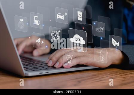Organizations or companies develop carbon credit business virtual screen. Reduce CO2 emissions. Sustainable business development concept. Stock Photo