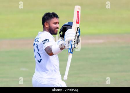 Galle, Sri Lanka. 27th April 2023. Kusal Mendis of Sri Lanka celebrating his double century during the 4th day of the 2nd test cricket match between Sri Lanka vs Ireland at the Galle International Cricket Stadium in Galle on 27th April, 2023. Viraj Kothalwala/Alamy Live News Stock Photo