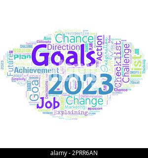 Big word cloud in the shape of UFO with words goals 2023. Stock Photo