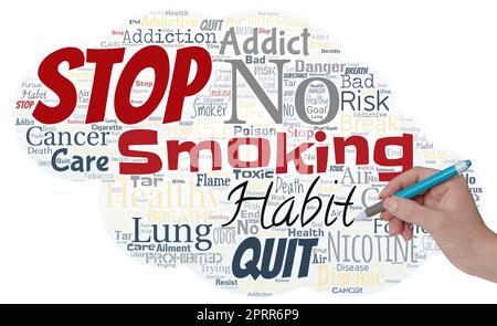 Big word cloud with words Stop Smoking with hand and pen. Stock Photo
