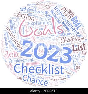 Big word cloud in the shape of circle with words goals 2023. Stock Photo