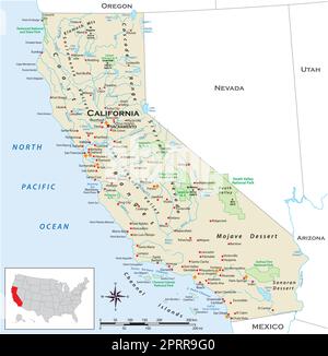 Highly detailed physical map of the US state of California Stock Vector