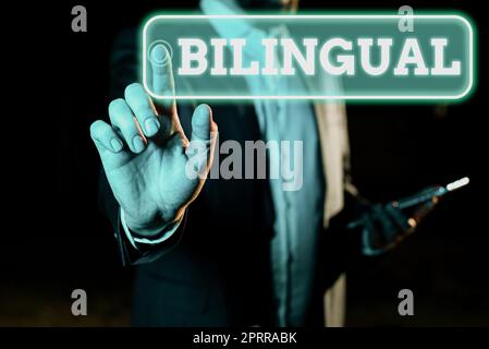 Writing displaying text Bilingual, Internet Concept digital database containing information that can be used Businessman Pointing Important Infortmati Stock Photo