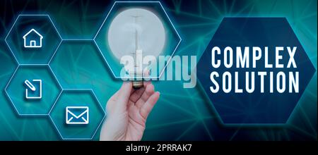 Conceptual display Complex Solution, Business idea computer time or service including data processing services Woman Holding Light Bulb With Digital H Stock Photo