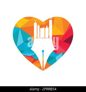 Creative concept with pen and city skyline logo design. Commercial buildings construction symbol. Stock Vector