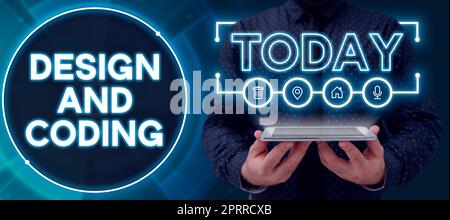Writing displaying text Design And Coding, Internet Concept HTML and programming, Cross platform development website Man With Tablet Projecting Digita Stock Photo