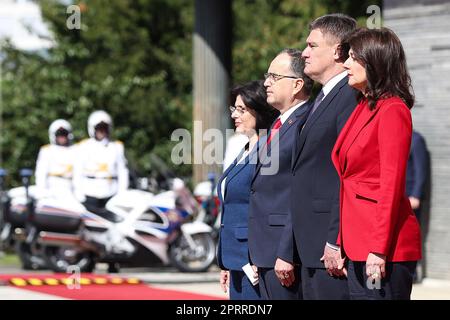 Zagreb, Croatia. 27th Apr, 2023. Croatian President Zoran Milanovic and First Lady Sanja Music Milanovic welcomed the President of the Republic of Albania Bajram Begaj and First Lady Armanda Begaj in the President's Office on Pantovcak, in Zagreb, Croatia, on April 27, 2023. Photo: Goran Stanzl/PIXSELL Credit: Pixsell/Alamy Live News Stock Photo