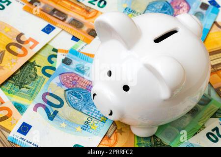 Pink piggy bank on money, euros bills Stock Photo