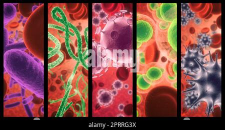 The human body vs the virus. A combined image of various micro organisms as seen under a microscope in color. Stock Photo