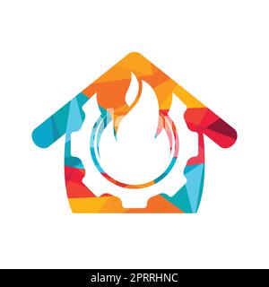 Home Restorations vector logo design. Gear and fire with home icon vector design. Stock Vector
