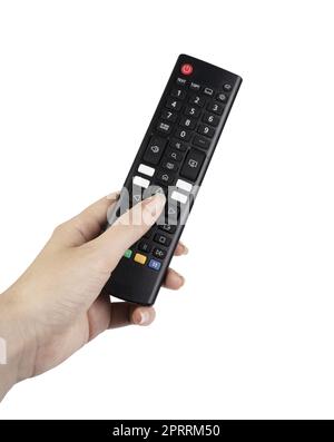 a remote control in the female hand on a transparent background Stock Photo