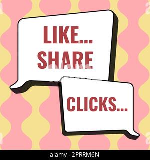 Writing displaying text Like Share Clicks. Word Written on Content Marketing to Increase Engagement Social Media Design Drawing Of Some Comic Frames As Background With Speech Bubbles Stock Photo