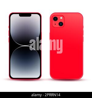 Red smartphone, model phone 14, IT industry novelty, original wallpaper, mockup for web design on a white background - Vector Stock Photo