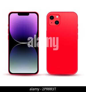 Red smartphone, model phone 14, IT industry novelty, original wallpaper, mockup for web design on a white background - Vector Stock Photo